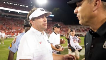 ATHENS, GA - SEPTEMBER 2: Georgia football head coach Kirby Smart shakes hands with head coach Scott Satterfield of the Appalachian State Mountaineers after their game at Sanford Stadium on September 2, 2017 in Athens, Georgia. The Georgia Bulldogs defeated the Appalachian State Mountaineers 31-10. (Photo by Michael Chang/Getty Images)