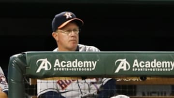 Sep 24, 2014; Arlington, TX, USA; Houston Astros interim manager Tom Lawless (1) looks on during the game against the Texas Rangers at Globe Life Park in Arlington. Mandatory Credit: Kevin Jairaj-USA TODAY Sports