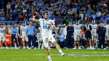 Oct 15, 2022; Durham, North Carolina, USA; North Carolina Tar Heels quarterback Drake Maye (10) throw the ball during the first half at Wallace Wade Stadium. Mandatory Credit: Jaylynn Nash-USA TODAY Sports