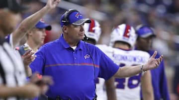Sep 1, 2016; Detroit, MI, USA; Buffalo Bills head coach Rex Ryan puts his arms up during the third quarter against the Detroit Lions at Ford Field. Lions win 31-0. Mandatory Credit: Raj Mehta-USA TODAY Sports