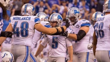 Sep 11, 2016; Indianapolis, IN, USA; Detroit Lions kicker Matt Prater (5) celebrates his game winning field goal with teammates in the four quarter of the game at Lucas Oil Stadium. the Detroit Lions beat the Indianapolis Colts by the score of 39-35. Mandatory Credit: Trevor Ruszkowski-USA TODAY Sports