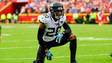 KANSAS CITY, MO - OCTOBER 7: Jalen Ramsey #20 of the Jacksonville Jaguars takes a knee between plays during the second quarter of the game against the Kansas City Chiefs at Arrowhead Stadium on October 7, 2018 in Kansas City, Missouri. (Photo by Peter Aiken/Getty Images)