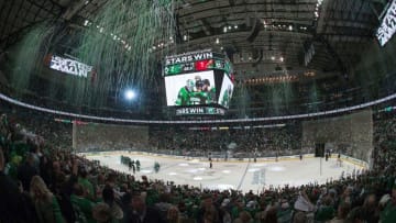 Apr 16, 2016; Dallas, TX, USA; The Dallas Stars celebrate the win over the Minnesota Wild in game two of the first round of the 2016 Stanley Cup Playoffs at the American Airlines Center. The Stars defeat the Wild 2-1. Mandatory Credit: Jerome Miron-USA TODAY Sports