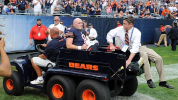 Aug 27, 2016; Chicago, IL, USA; Chicago Bears quarterback Connor Shaw (8) is taken off the field after an injury against the Kansas City Chiefs during the second half at Soldier Field. Chiefs won 23-7. Mandatory Credit: Patrick Gorski-USA TODAY Sports