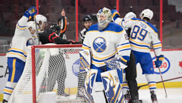 Jan 25, 2022; Ottawa, Ontario, CAN; Buffalo Sabres goalie Aaron Dell (80) skates away in the second period against the Ottawa Senators in the second period at the Canadian Tire Centre. Mandatory Credit: Marc DesRosiers-USA TODAY Sports