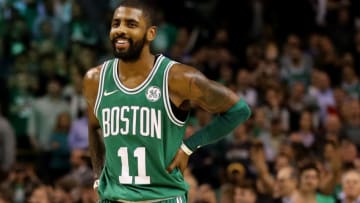 BOSTON, MA - NOVEMBER 16: Kyrie Irving #11 of the Boston Celtics looks on during the fourth quarter against the Golden State Warriors at TD Garden on November 16, 2017 in Boston, Massachusetts. The Celtics defeat the Warriors 92-88. (Photo by Maddie Meyer/Getty Images)