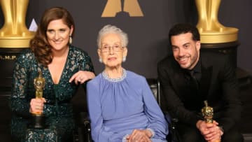 HOLLYWOOD, CA - FEBRUARY 26: NASA mathematician Katherine Johnson (C) and director Ezra Edelman (R) and producer Caroline Waterlow (L), winners of Best Documentary Feature for 'O.J.: Made in America' pose in the press room at the 89th Annual Academy Awards at Hollywood & Highland Center on February 26, 2017 in Hollywood, California. (Photo by Dan MacMedan/Getty Images)
