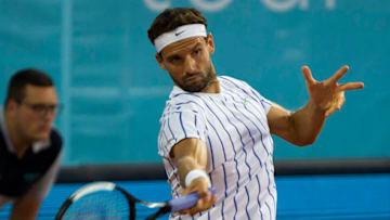 BELGRADE, SERBIA - JUNE 13: Grigor Dimitrov returns during the Adria Tour charity exhibition hosted by Novak Djokovic on June 13, 2020 in Belgrade, Serbia. (Photo by Nikola Krstic/MB Media/Getty Images)