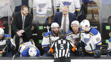 BOSTON, MA - MAY 29: St. Louis Blues head coach Craig Berube argues a call with referee Chris Rooney (5) during Game 2 of the 2019 Stanley Cup Finals between the Boston Bruins and the St. Louis Blues on May 29, 2019, at TD Garden in Boston, Massachusetts. (Photo by Fred Kfoury III/Icon Sportswire via Getty Images)