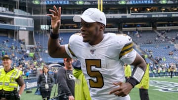 SEATTLE, WA - SEPTEMBER 22: Quarterback Teddy Bridgewater #5 of the New Orleans Saints waves to fans as he jogs off the field after a game against the Seattle Seahawks at CenturyLInk Field on September 22, 2019 in Seattle, Washington. The Saints won 33-27. (Photo by Stephen Brashear/Getty Images)