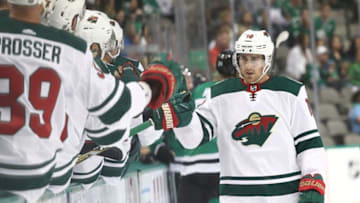 DALLAS, TX - SEPTEMBER 24: Matt Read #10 of the Minnesota Wild celebrates a goal against the Dallas Stars during a preseason game at American Airlines Center on September 24, 2018 in Dallas, Texas. (Photo by Ronald Martinez/Getty Images)