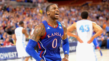 Mar 25, 2012; St. Louis, MO, USA; Kansas Jayhawks forward Thomas Robinson (0) celebrates after the finals of the midwest region of the 2012 NCAA men's basketball tournament against the North Carolina Tar Heels at the Edward Jones Dome. Kansas won 80-67. Mandatory Credit: Jeff Curry-USA TODAY Sports