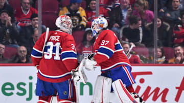 MONTREAL, QC - NOVEMBER 26: Goaltender Carey Price #31 of the Montreal Canadiens skates off the ice as teammate Keith Kinkaid #37 replaces him during the second period against the Boston Bruins at the Bell Centre on November 26, 2019 in Montreal, Canada. (Photo by Minas Panagiotakis/Getty Images)