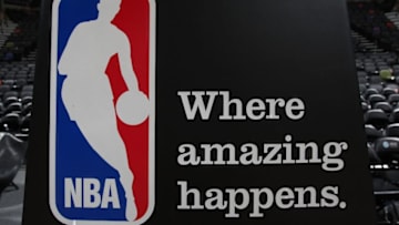SAN ANTONIO - APRIL 18: The NBA logo after a game between the Dallas Mavericks and the San Antonio Spurs in Game One of the Western Conference Quarterfinals during the 2009 NBA Playoffs at AT