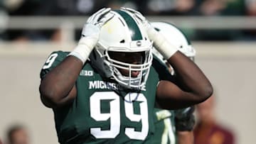 EAST LANSING, MI - SEPTEMBER 29: Raequan Williams #99 of the Michigan State Spartans prepares for a second half play while playing the Central Michigan Chippewas at Spartan Stadium on September 29, 2018 in East Lansing, Michigan. (Photo by Gregory Shamus/Getty Images)