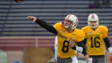 Jan 26, 2016; Mobile, AL, USA; North squad quarterback Kevin Hogan of Stanford (8) throws a pass during Senior Bowl practice at Ladd-Peebles Stadium. Mandatory Credit: Glenn Andrews-USA TODAY Sports