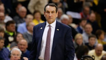 Jan 6, 2016; Winston-Salem, NC, USA; Duke Blue Devils head coach Mike Krzyzewski looks on in the second half against the Wake Forest Demon Deacons at Lawrence Joel Veterans Memorial Coliseum. Duke defeated Wake Forest 91-75. Mandatory Credit: Jeremy Brevard-USA TODAY Sports