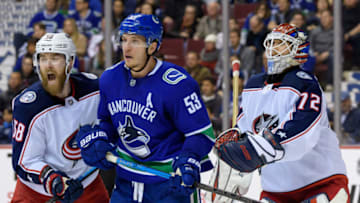 VANCOUVER, BC - MARCH 24: Vancouver Canucks Center Bo Horvat (53) stands in front of Columbus Blue Jackets Goalie Sergei Bobrovsky (72) and Defenceman David Savard (58) during their NHL game at Rogers Arena on March 20, 2019 in Vancouver, British Columbia, Canada. (Photo by Derek Cain/Icon Sportswire via Getty Images)