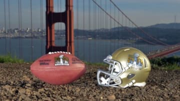 Feb 5, 2016; San Francisco, CA, USA; General view of Super Bowl 50 logo helmet and NFL Wilson Duke football at the Golden Gate bridge. Mandatory Credit: Kirby Lee-USA TODAY Sports