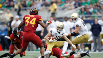 ORLANDO, FL - DECEMBER 28: Chris Finke #10 of the Notre Dame Fighting Irish runs with the ball after catching a pass against the Iowa State Cyclones in the first half of the Camping World Bowl against at Camping World Stadium on December 28, 2019 in Orlando, Florida. (Photo by Joe Robbins/Getty Images)