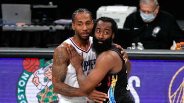 NEW YORK, NEW YORK - FEBRUARY 02: James Harden #13 of the Brooklyn Nets greets Kawhi Leonard #2 of the LA Clippers after the game at Barclays Center on February 02, 2021 in the Brooklyn borough of New York City. The Nets won 124-120. NOTE TO USER: User expressly acknowledges and agrees that, by downloading and or using this Photograph, user is consenting to the terms and conditions of the Getty Images License Agreement. (Photo by Sarah Stier/Getty Images)