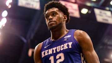 LAWRENCE, KS - JANUARY 29: Keion Brooks Jr. #12 of the Kentucky Wildcats walks off the court after defeating the Kansas Jayhawks at Allen Fieldhouse on January 29, 2022 in Lawrence, Kansas. (Photo by Kyle Rivas/Getty Images)