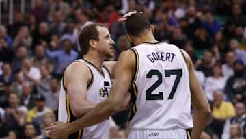 Mar 14, 2016; Salt Lake City, UT, USA; Utah Jazz forward Joe Ingles (2) and center Rudy Gobert (27) talk after a play in the fourth quarter at Vivint Smart Home Arena. The Jazz won 94-85. Mandatory Credit: Jeff Swinger-USA TODAY Sports