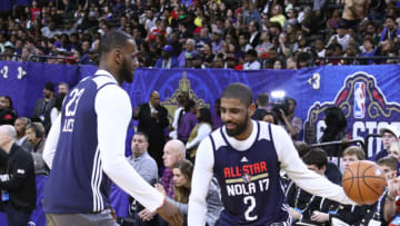 NEW ORLEANS, LA - FEBRUARY 18: LeBron James #23 and Kyrie Irving #2 of the Eastern Conference All Star Team guard each other during NBA All-Star Practice as part of 2017 All-Star Weekend at the Mercedes-Benz Superdome on February 18, 2017 in New Orleans, Louisiana. NOTE TO USER: User expressly acknowledges and agrees that, by downloading and/or using this photograph, user is consenting to the terms and conditions of the Getty Images License Agreement. Mandatory Copyright Notice: Copyright 2017 NBAE (Photo by Nathaniel S. Butler/NBAE via Getty Images)