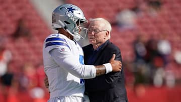 SANTA CLARA, CA - AUGUST 10: Quarterback Dak Prescott #4 and team owner Jerry Jones of the Dallas Cowboys hug each other during pregame warm ups prior to the start of an NFL preseason football game against the San Francisco 49ers at Levi's Stadium on August 10, 2019 in Santa Clara, California. (Photo by Thearon W. Henderson/Getty Images)