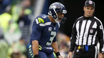 Nov 20, 2016; Seattle, WA, USA; Seattle Seahawks quarterback Russell Wilson (3) celebrates following his second quarter touchdown pass against the Philadelphia Eagles at CenturyLink Field. Mandatory Credit: Joe Nicholson-USA TODAY Sports