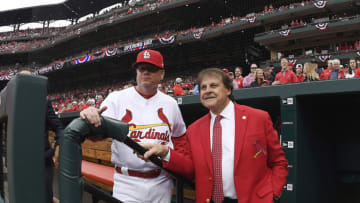 Apr 5, 2019; St. Louis, MO, USA; St. Louis Cardinals manager Mike Shildt (8) talks with former manager Tony LaRussa prior to the Cardinals home opener against the San Diego Padres at Busch Stadium. Mandatory Credit: Jeff Curry-USA TODAY Sports