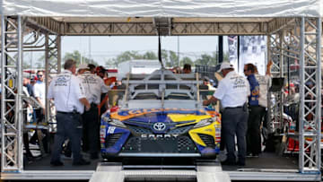 DARLINGTON, SC - SEPTEMBER 03: The #18 M&M's Caramel Toyota, driven by Kyle Busch (not pictured), proceeds through technical inspection prior to the Monster Energy NASCAR Cup Series Bojangles' Southern 500 at Darlington Raceway on September 3, 2017 in Darlington, South Carolina. (Photo by Brian Lawdermilk/Getty Images)