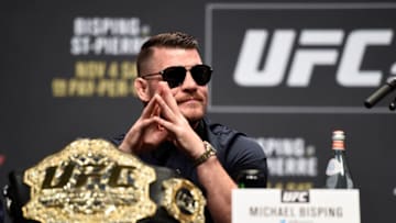 LAS VEGAS, NV - OCTOBER 06: UFC middleweight champion Michael Bisping of England interacts with fans and media during the UFC 217 news conference inside T-Mobile Arena on October 6, 2017 in Las Vegas, Nevada. (Photo by Brandon Magnus/Zuffa LLC/Zuffa LLC via Getty Images)