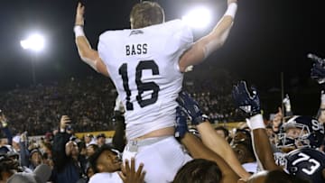 MONTGOMERY, AL - DECEMBER 15: Tyler Bass #16 of the Georgia Southern Eagles celebrates winning the Raycom Media Camellia Bowl against the Eastern Michigan Eagles on December 15, 2018 in Montgomery, Alabama. (Photo by Jonathan Bachman/Getty Images)