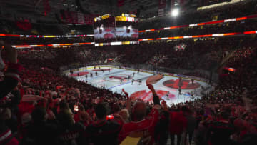 May 2, 2022; Raleigh, North Carolina, USA; Carolina Hurricanes fans get ready for the start of the game before the game in game one of the first round of the 2022 Stanley Cup Playoffs at PNC Arena. Mandatory Credit: James Guillory-USA TODAY Sports