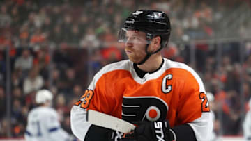 PHILADELPHIA, PA - NOVEMBER 17: Claude Giroux #28 of the Philadelphia Flyers looks on during a stoppage in play against the Tampa Bay Lightning on November 17, 2018 at the Wells Fargo Center in Philadelphia, Pennsylvania. (Photo by Len Redkoles/NHLI via Getty Images)