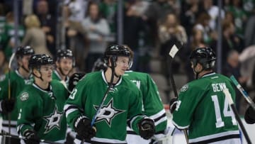 Nov 25, 2016; Dallas, TX, USA; Dallas Stars defenseman Esa Lindell (23) and the Stars celebrate the win over the Vancouver Canucks at the American Airlines Center. The Stars defeat the Canucks 2-1. Mandatory Credit: Jerome Miron-USA TODAY Sports