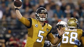 Nov 19, 2015; Jacksonville, FL, USA; Jacksonville Jaguars quarterback Blake Bortles (5) throws a pass during the first quarter of a football game against the Tennessee Titans at EverBank Field. Mandatory Credit: Reinhold Matay-USA TODAY Sports