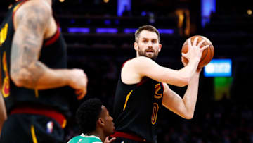 BOSTON, MASSACHUSETTS - DECEMBER 22: Kevin Love #0 of the Cleveland Cavaliers looks to pass during the first quarter of the game against the Boston Celtics at TD Garden on December 22, 2021 in Boston, Massachusetts. NOTE TO USER: User expressly acknowledges and agrees that, by downloading and or using this photograph, User is consenting to the terms and conditions of the Getty Images License Agreement. (Photo by Omar Rawlings/Getty Images)