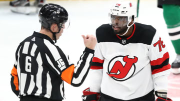 DALLAS, TEXAS - DECEMBER 10: P.K. Subban #76 of the New Jersey Devils talks with NHL referee Francis Charron #6 after a roughing penalty in the thrid period against the Dallas Stars at American Airlines Center on December 10, 2019 in Dallas, Texas. (Photo by Ronald Martinez/Getty Images)