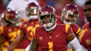 LOS ANGELES, CALIFORNIA - AUGUST 31: Palaie Gaoteote IV #1 of the USC Trojans warms up before the game against the Fresno State Bulldogs at Los Angeles Memorial Coliseum on August 31, 2019 in Los Angeles, California. (Photo by Harry How/Getty Images)