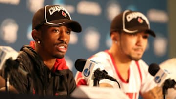 INDIANAPOLIS, IN - MARCH 31: (L-R) Russ Smith #2 and Peyton Siva #3 of the Louisville Cardinals answers questions from the media during their post game press conference following their win against the Duke Blue Devils during the Midwest Regional Final round of the 2013 NCAA Men's Basketball Tournament at Lucas Oil Stadium on March 31, 2013 in Indianapolis, Indiana. (Photo by Andy Lyons/Getty Images)