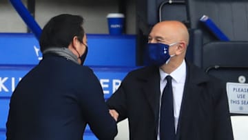 Leicester City's chairman Aiyawatt Srivaddhanaprabha (L) greets Tottenham Hotspur's English chairman Daniel Levy (R) ahead of the English Premier League football match between Leicester City and Tottenham Hotspur at King Power Stadium in Leicester, central England on May 23, 2021. - RESTRICTED TO EDITORIAL USE. No use with unauthorized audio, video, data, fixture lists, club/league logos or 'live' services. Online in-match use limited to 120 images. An additional 40 images may be used in extra time. No video emulation. Social media in-match use limited to 120 images. An additional 40 images may be used in extra time. No use in betting publications, games or single club/league/player publications. (Photo by MIKE EGERTON / POOL / AFP) / RESTRICTED TO EDITORIAL USE. No use with unauthorized audio, video, data, fixture lists, club/league logos or 'live' services. Online in-match use limited to 120 images. An additional 40 images may be used in extra time. No video emulation. Social media in-match use limited to 120 images. An additional 40 images may be used in extra time. No use in betting publications, games or single club/league/player publications. / RESTRICTED TO EDITORIAL USE. No use with unauthorized audio, video, data, fixture lists, club/league logos or 'live' services. Online in-match use limited to 120 images. An additional 40 images may be used in extra time. No video emulation. Social media in-match use limited to 120 images. An additional 40 images may be used in extra time. No use in betting publications, games or single club/league/player publications. (Photo by MIKE EGERTON/POOL/AFP via Getty Images)