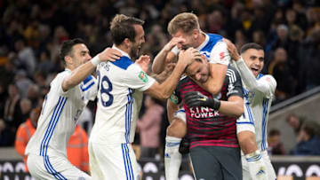 WOLVERHAMPTON, ENGLAND - SEPTEMBER 25: Danny Ward of Leicester City celebrates with teammates following Leicester City's victory in the penalty shoot out and during the Carabao Cup Third Round match between Wolverhampton Wanderers and Leicester City at Molineux on September 25, 2018 in Wolverhampton, England. (Photo by Michael Regan/Getty Images)