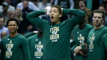 MILWAUKEE, WI - APRIL 27: Michael Beasley #9 of the Milwaukee Bucks reacts in the fourth quarter in Game Six of the Eastern Conference Quarterfinals against the Toronto Raptors during the 2017 NBA Playoffs at BMO Harris Bradley Center on April 27, 2017 in Milwaukee, Wisconsin. NOTE TO USER: User expressly acknowledges and agrees that, by downloading and or using this photograph, User is consenting to the terms and conditions of the Getty Images License Agreement. (Photo by Dylan Buell/Getty Images))