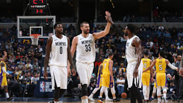 MEMPHIS, TN - JANUARY 15: Marc Gasol #33 and Tyreke Evans #12 of the Memphis Grizzlies exchange high fives during the game against the Los Angeles Lakers on January 15, 2018 at FedExForum in Memphis, Tennessee. NOTE TO USER: User expressly acknowledges and agrees that, by downloading and or using this photograph, User is consenting to the terms and conditions of the Getty Images License Agreement. Mandatory Copyright Notice: Copyright 2018 NBAE (Photo by Joe Murphy/NBAE via Getty Images)