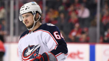 Feb 15, 2022; Calgary, Alberta, CAN; Columbus Blue Jackets forward Trey Fix-Wolansky (64) on ice against the Calgary Flames at Scotiabank Saddledome. Mandatory Credit: Candice Ward-USA TODAY Sports