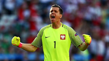 NICE, FRANCE - JUNE 12: Wojciech Szczesny of Poland celebrates his team's first goal during the UEFA EURO 2016 Group C match between Poland and Northern Ireland at Allianz Riviera Stadium on June 12, 2016 in Nice, France. (Photo by Lars Baron/Getty Images)