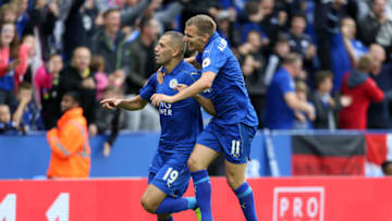LEICESTER, ENGLAND - SEPTEMBER 17 : Islam Slimani of Leicester City celebrates with Marc Albrighton of Leicester City after scoring to make it 2-0 during the Barclays Premier League match between Leicester City and Burnley at the King Power Stadium on September 17, 2016 in Leicester, United Kingdom. (Photo by Plumb Images/Leicester City FC via Getty Images)