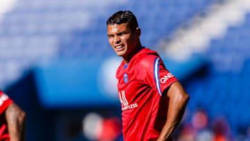 PARIS, FRANCE - JULY 21: #2 Thiago da Silva of Paris Saint Germain warming up before the friendly match between Paris Saint-Germain and Celtic at Parc des Princes on July 21, 2020 in Paris, France. (Photo by Ricardo Nogueira/Eurasia Sport Images/Getty Images)